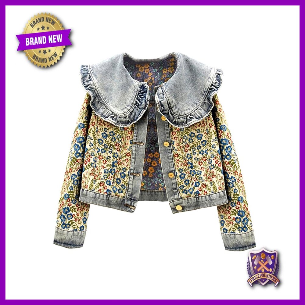 Peter Pan Collar Denim Jacket Jacquard Knit Long Sleeve Button Front Classic